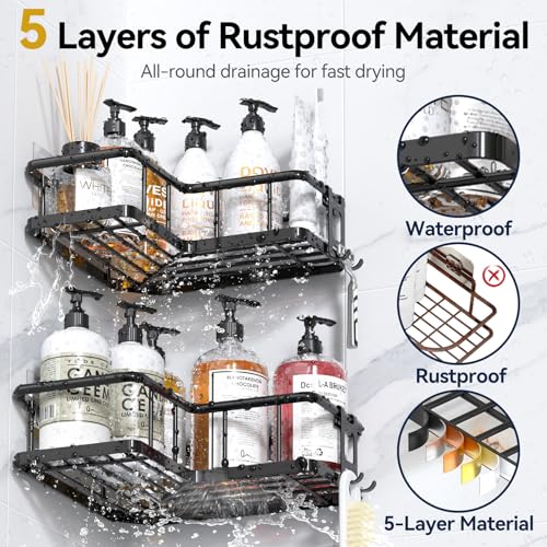 YASONIC Shower Caddy Corner, 3-Pack Adhesive Rustproof Stainless Steel Shower Shelves with Soap Holder, No Drilling Shower Organizer Corner for Dorm, Renters Bathroom, Black - color: Black, size: 3Pack