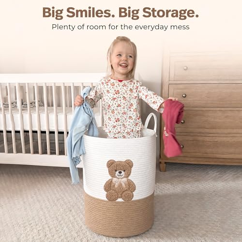 Teddy Bear Large Laundry Hamper for Nursery – 20"x15" Cotton Rope Woven Basket with Handles – Baby Clothes Hamper, Blanket Storage, Stuffed Animal Organizer – Gender Neutral Nursery Decor - color: Neutral Teddy