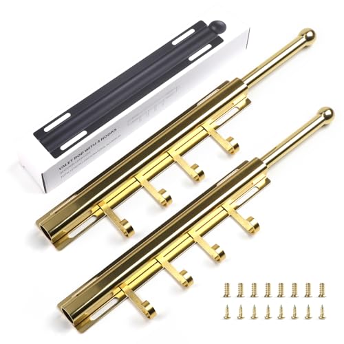 BaiNong 12" Valet Rod for Closet Pull Out With 4 Hooks Valet Rods for Closets (2Pack Gold) Closet Valet Rod Slide Out - color: Gold/2 Pack, size: 12 Inch