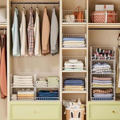 Yociyoga 4-Tier Stackable Closet Organizers and Storage Basket, Foldable Closet Shelf Organizer System, Space-Saving Clothes Storage Drawer Organizer for Wardrobe, White ((Patent 30022416))
