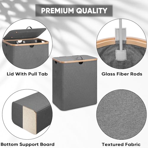 BALEINE Laundry Hamper with Lid, Tall Laundry Baskets with Bamboo Pull Handles, Large Laundry Bin with Internal Support (36 Gal/140L, Grey) - color: Grey, size: 140 liters