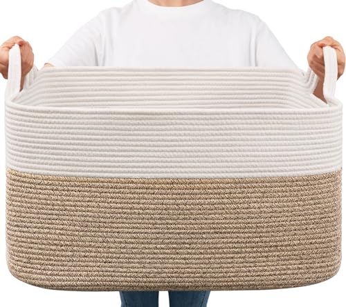 Goodpick Large Woven Blanket Basket, 21.6" x 14.9" x 11.8" Storage Baskets for Organizing, Rectangle Cotton Rope Toy Basket for Living Room, Bedroom, White & Brown - color: White & Light Brown, size: Large(21.6"L x 14.9"W x 11.8"H)