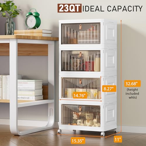 4 Tier Storage Bins with Lids, 23QT Stackable Closet Organizers and Storage with Wheels, Collapsible Storage Boxes, Foldable Plastic Storage Containers for Home,Office, Dorm Room-White - color: White