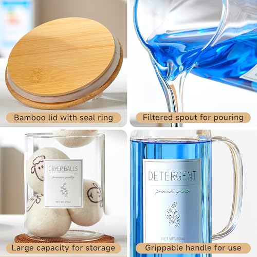 Glass Laundry Detergent Dispenser Set - 2x50oz & 2x70oz Borosilicate Containers with Bamboo Lids, Handle& Labels, Stores Powder,laundry pods,Fabric Softener, for Laundry Room organization and Decor - color: 2 Pods Containers and 2 Dispensers