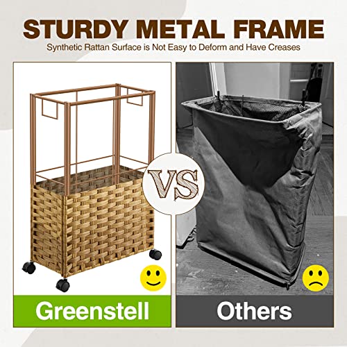 Greenstell Laundry Hamper with Wheels, 11.9 Gallon (45L) Small Clothes Hamper with 2 Removable Liner Bags & 2 Mesh Bags, Slim Rattan Laundry Basket for Bathroom, Bedroom, Natural - color: Natural, size: 45L (15.8 x 7.9 x 23.6 inches)