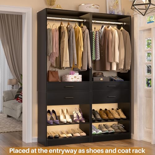 Unikito 25" W x 80" H Closet Organizer Storage with Hanging Rod and 2 Wooden Drawer, Adjustable Angled Shoes Rack, Sturdy Garment Racks, Walk-in Closet Tower for Bedroom, Mudroom, and Entryway, Black - color: Black, size: 25 Inch