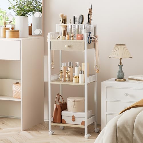 3 Tier Bathroom Shelf with Drawer, 12.8in Large Floor Makeup Organizers Cosmetics Display Cases Holder for Hair Tool, Skincare, Kitchen, Bathroom, Laundry Room Organization - color: 12.8“ White With Drawer