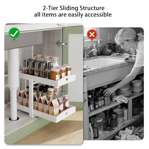 Bamboo Wood Under Sink Organizer 1 Pack, Pull Out Cabinet Organizer 2 Tier Under Sink Organizers and Storage with Sliding Drawer Sturdy Easy Assembly for Kitchen Bathroom Undersink (White, 2 Packs) - color: White