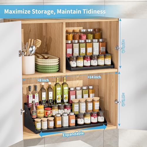 BOIVSHI Spice Organizer, Spice Rack for Expandable 3-Tier, Spice Organization for Cabinet Expandable Width and Adjustable Height, Seasoning Organizer for Cabinet, Countertop, Pantry, Black - color: Black