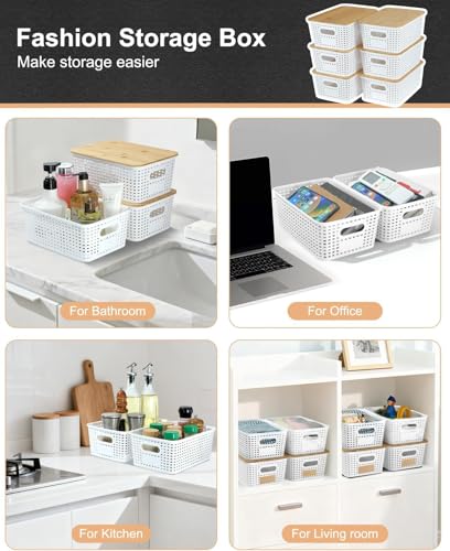EOENVIVS Storage Bins with Lids 6 Pack, Plastic Storage Basket with Bamboo Lids for Pantry Organization and Storage Containers for Shelves Drawers Desktop Closet Playroom Classroom Office Home, Black - color: Light White