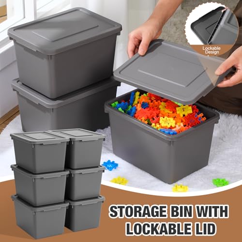 Potchen 6 Pcs Pack Cute Plastic Storage Bins with Lids Decorative Stackable Storage Boxes 9.8" ×7.3" ×5.7" Small Storing Totes for Organizing Craft Office Supplies (Grey) - color: Grey