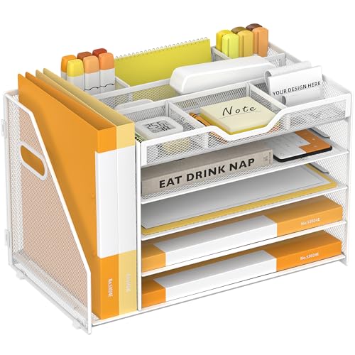 5 Tier Paper Letter Tray with File Holder and 3 Drop-in Pen Holders, Mesh Desk File Organizer with Handle, Desk Organizers and Accessories for School,Home, Office Supplies Storage-White - color: White, size: 15.4" x 9.1" x 10.3"