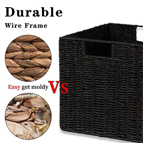 Vagusicc Storage Basket, Set of 2 Hand-Woven Storage Baskets for Organizing with Handles, Foldable Cube Storage Baskets Bins Organizer, 13 inch Large Wicker Baskets for Shelves & Decor, Black - color: Black, size: 13'' x 13'' x 13''