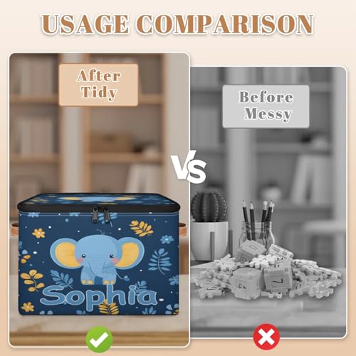 Custom Storage Basket with Name, Personalized Storage Bins with Zipper Lid, Foldable Fabric Storage Box Large capacity with Handle Elephant Flower Leaves - color: Option 19
