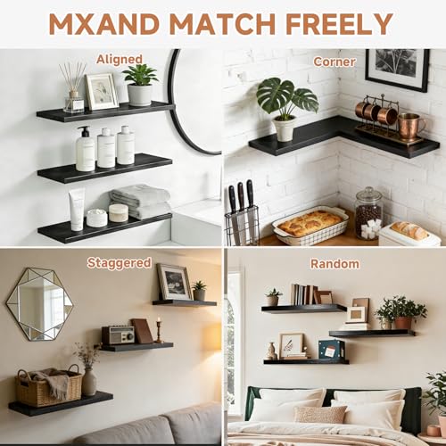 Assembly Easy Floating Shelves Set of 3,24 Inch Wall Mounted Wooden Shelf, Rustic Hanging Shelves for Home Decor, Books and Storage, Organizer for Bedroom,Small Bathroom,Kitchen,Black - color: Black, size: 24IN