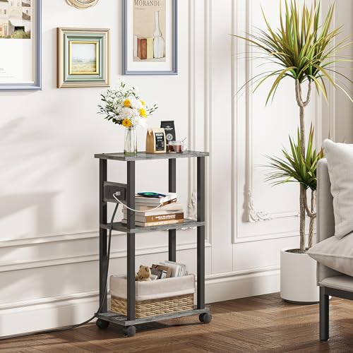TUTOTAK Small Narrow Side Table with Charging Station, Skinny End Table for Small Spaces, Slim Nightstand with USB Ports and Outlet, Sofa Beside Table with Wheels, Charcoal Grey TB01BY046 - color: Charcoal Grey, size: 1 PC, style: With Plug
