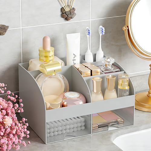 Makeup Organizer with 2 Drawers, Cosmetic Storage for Dresser Vanity and Bathroom Countertop,Make up organization and Skincare Storage with Beauty Brush Holder, Cosmetic Display Case (Grey) - color: Grey