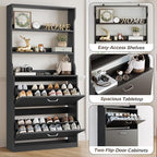 IRONCK Tall Shoe Cabinet with 2 Flip Drawers, Narrow Hidden Shoe Storage Cabinet with Shelves, Slim Freestanding Shoe Organizer for Entryway, Hallway, Black - color: Black