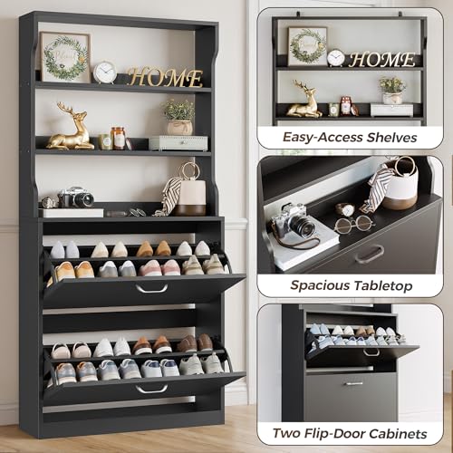 IRONCK Tall Shoe Cabinet with 2 Flip Drawers, Narrow Hidden Shoe Storage Cabinet with Shelves, Slim Freestanding Shoe Organizer for Entryway, Hallway, Black - color: Black
