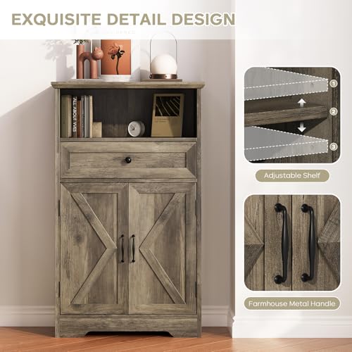 Floor Cabinet, Farmhouse Storage Cabinet with Barn Doors and Drawer, Freestanding Adjustable Shelf Organizer for Bathroom, Kitchen, Living Room Grey - color: Grey, size: 39.4"H x 23.6"W x 11.8"D