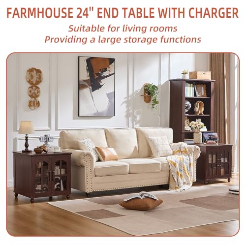 RWYHG Farmhouse End Table with Charging Station,24" Large Sofa Side Table with Glass Barn Door,Rustic Wood Night Stand with Adjustable Storage Shelf,Square Bedside Table for Living Room,Bedroom Office - color: Retro Walnut, size: Set 1