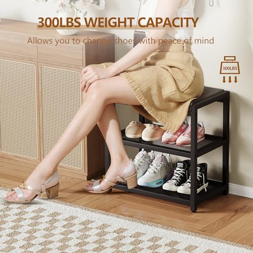 ZHOOGE Small Shoe Bench Shoe Rack Storage Bench Entryway Bench Shoe Shelf with Seat Cushion, Stable Shoe Organizer for Entryway, Living Room, Bench Seat Holds Up to 300 lb, (17"x 10"x 16", L x W x H) - color: Black, size: 18"L x 12"W x 17"H