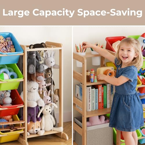 Toy Storage Organizer with Bookshelf and Stuffed Animal Storage - Playroom Organization with Shelves and 12 Bins - Living Room Box for Lego - Nursery Bedroom Decor Essentials - color: multicolored, size: 67"W,3 Shelves,16 Bins
