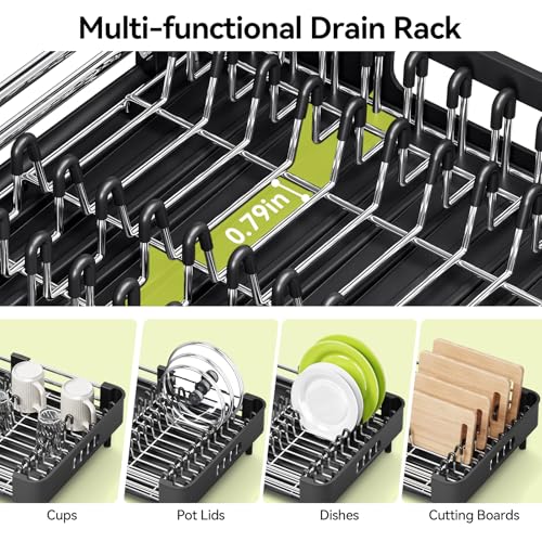 Urackify Stainless Steel Dish Drying Rack - Dish Drainer for Kitchen Counter, Extendable Drainboard with Foldable, Space-Saving Cup & Bowl Organizer, Includes Knife and Utensil Holder, Black - color: Black