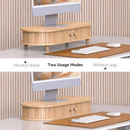 Bamboo Monitor Stand with Storage, Curved Computer Laptop Stand Desk Shelf Organizer with Sliding Doors (25 inch) - size: 25 inch