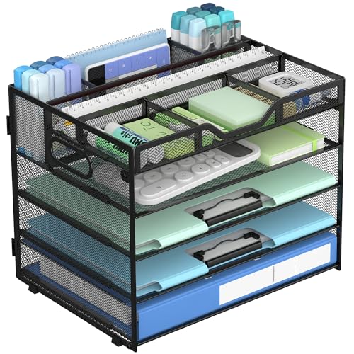 Docnest 5 Tier Metal Desk Organizer - Adjustable Desktop File Tray with Pen Holders & Handles, Heavy-Duty Office Paper Sorter for Documents, Mail, A4 Folders - Black - color: Black