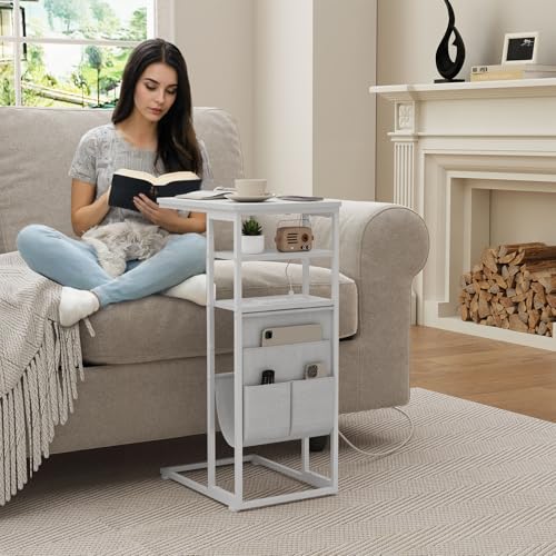 C Shaped End Table with Charging Station, 28"(H) 3-Tier C Table with Storage Bag, Under Couch Table C-Shaped End Table with Storage Shelves and Bag for Living Room, Bedroom, or Office - color: White, size: Wood--with Socket