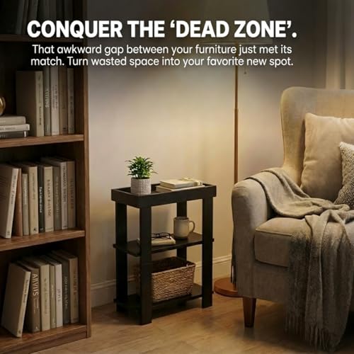Narrow Side Table Black, 3-Tier Side Table, Rustic Farmhouse Narrow End Table with Storage, Slim Table Nightstand for Small Spaces, Bedroom or Living Room (Black) - color: Black