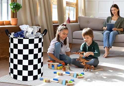19.7 Inch Round Laundry Hamper Black Check Laundry Basket Fabric Storage Hamper Organization Basket, Storage Bin, Toy Box,Gift Basket with Handles for Room - color: Black Check