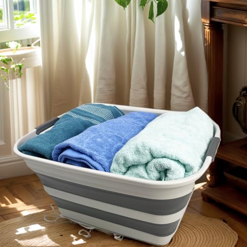 SMMART Collapsible Plastic Laundry Basket with Handle/Foldable Pop Up Storage Hamper/Portable Laundry Organizer-Space Saving Washing Tub/Household Storage Supplies (Grey/Steel Grey, 27L) - color: Grey/Steel Grey, size: 27L