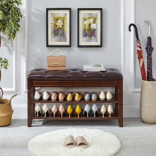 LEILISI Shoe Bench, Storage Rack Organizer with Cushion 2 Tier Lift Top Shoe Rack for Entryway Living Room Bedroom Hallway Wooden Furniture (Brown, 31.5'') - color: Brown, size: 31.5
