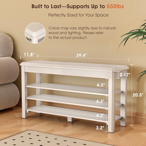 IUNVR Shoe Rack Bench Seat Rubberwood 3-Tier Wooden Storage Bench 550lbs Compact Mid-Century Modern Design for Entryway, Hallway, Closet, Front Door Entrance, Foyer - color: White-3 Tier(wood), size: 39.4"W x 11.8"D x 20.5"H