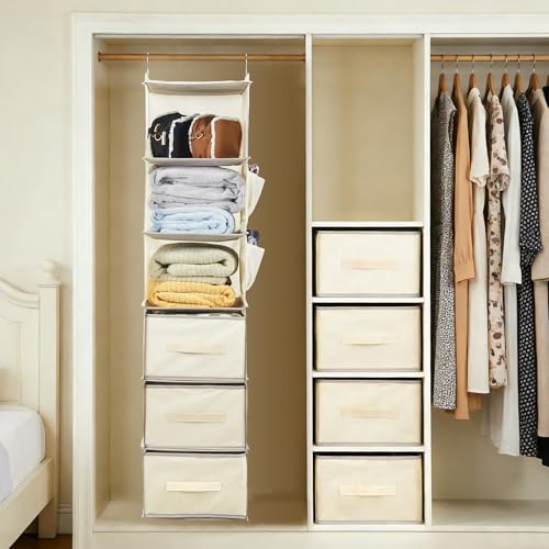 Garvee Hanging Closet Organizer with Drawers, 3-Tier Non-Woven Fabric Storage Shelves, Foldable Closet Organizer for Bedroom, 11.8x11.8x47.2 Inches, Beige - color: Grey