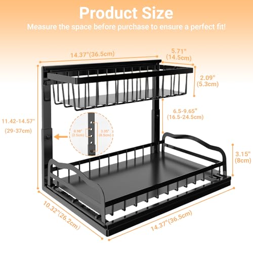 AceMining Under Sink Organizer 2 Pack, L-Shaped 2 Tier Pull Out Cabinet Organizer with Sliding Drawer, 5-Level Height Adjustable Metal Under Sink Storage for Kitchen, Bathroom Organization
