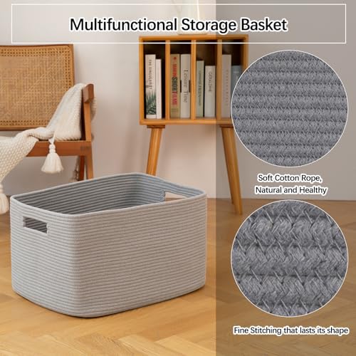 OIAHOMY 75L Large Blanket Basket, Woven Blanket Storage Basket with Handle, Cotton Rope Basket for Organizing 22”x17”x12”, Blanket Basket living Room, Toy Basket for Nursery, Grey - color: Grey, size: 22”x17”x12”