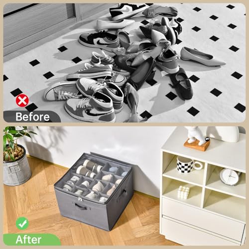 INSTY 2 Pack Shoe Organizer for Closet,Fits up to 32 Pairs,Adjustable Dividers for Shoe Storage,Fabric Shoe Storage Bins with Clear Cover,Grey - color: Grey