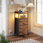 Furnulem 5 Drawer Dresser for Bedroom, Tall Nightstand with Led Light and Charging Station, Small Night Stand Bedside Table, Fabric Bins, Metal Frame, Wood Shelf, Side Furniture(Rustic Brown) - color: Rustic Brown, style: 5 Drawer
