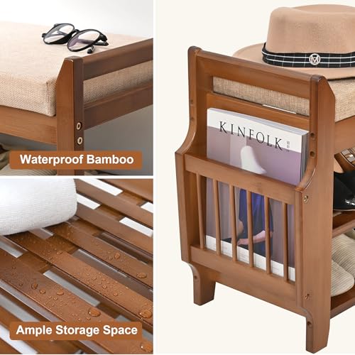 PETKABOO 2 Tier Shoe Bench, Bamboo Shoe Rack Bench, Shoe Storage Bench Organizer for Entryway Hallway Living Room - size: 31.5 in