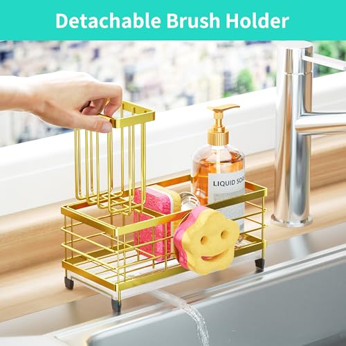 HapiRm Sink Caddy Sponge Holder - Self-draining Kitchen Sink Organizer with Smiley Face and Brush Holder, Stainless Steel Kitchen Organizer for Countertop - Gold - color: Gold, size: Twin