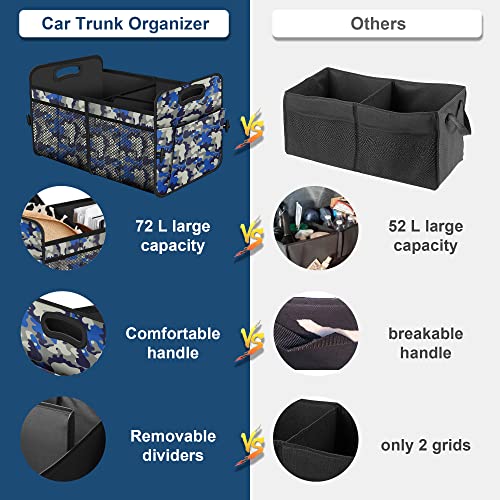 Femuar Car Trunk Organizer with 72L Large Capacity Waterproof Collapsible and 11 Pockets, Trunk Organizer for Car SUV/Jeep/Sedan, Large Size, Blue Camouflage - color: Blue camouflage, size: Large