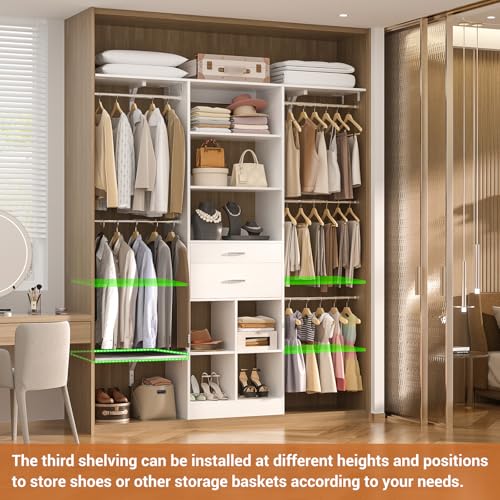 5FT Small Closet System, Baby Closet Organizer System with Wooden Drawers, 60 Inches Walk In Closet System With 5 Hanging Rods and 3 Reversible Hanging Shelving, White - color: White, size: 5 FT