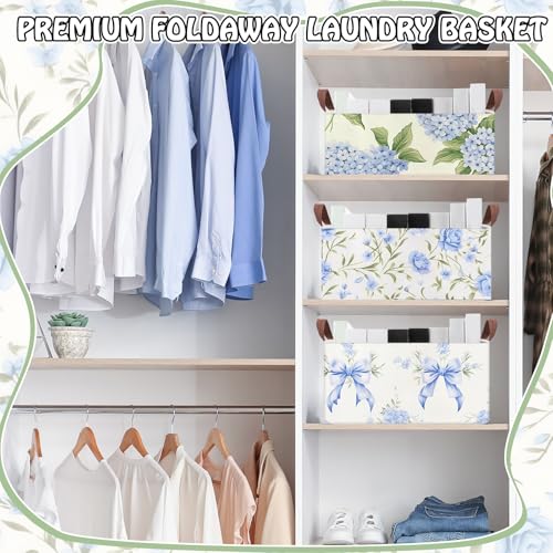 Boao 3 Pcs Blue Hydrangea Bow Storage Bin Flowers Collapsible Large Storage Baskets for Gifts Canvas Laundry Basket Foldable Box with Handle for Office Home Bedroom Clothes - style: Blue Hydrangea