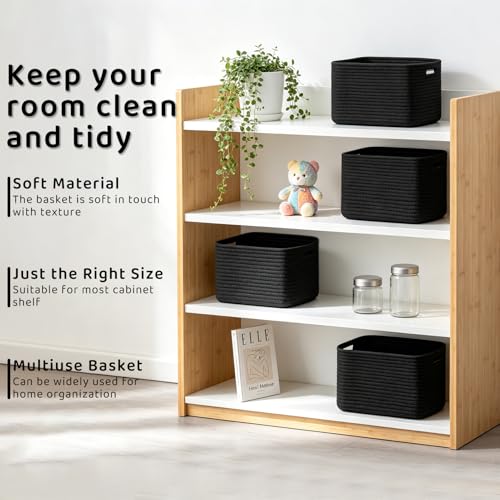 4 Pack Storage Baskets for Organizing, 12''Lx9''Wx8''H Woven Baskets for Storage Toys, Towels, Books, and Clothes, Cotton Rope Basket for Shelves with Handle - color: Black