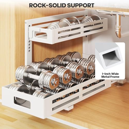2 Pack 21IN-Depth Under Sink Organizer,Pull Out Cabinet Organizer With Smooth Cylindrical Rail,Metal Slide Out Drawer for Kitchen Bathroom Laundry,8-Level Tool Free Height Adjustable-White - color: White, size: 2 Pack-21"Dx9.5"-16.7"H