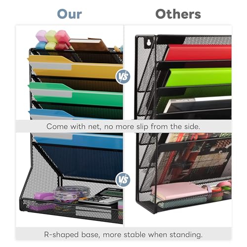 Jakyitvi File Organizer Wall Mounted 5 Tiers, Durable Adjustable Metal Vertical Hanging, Stable R-Shaped Bottom 4 Pull-Out Deviders to Sort File,Mail,Newspaper,Pen, Suitable for Office,Black - size: 5-Tire & Unilateral
