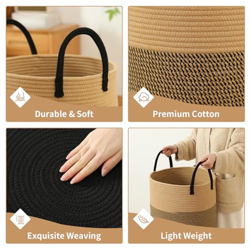 Laundry Basket Hamper Tall Rope Storage Woven for Blanket toys Dirty Clothes in Living Room Bathroom Bedroom (Jute Brown & Black, 60L/15.8Gal) - color: Jute Brown & Black, size: 60L/15.8Gal